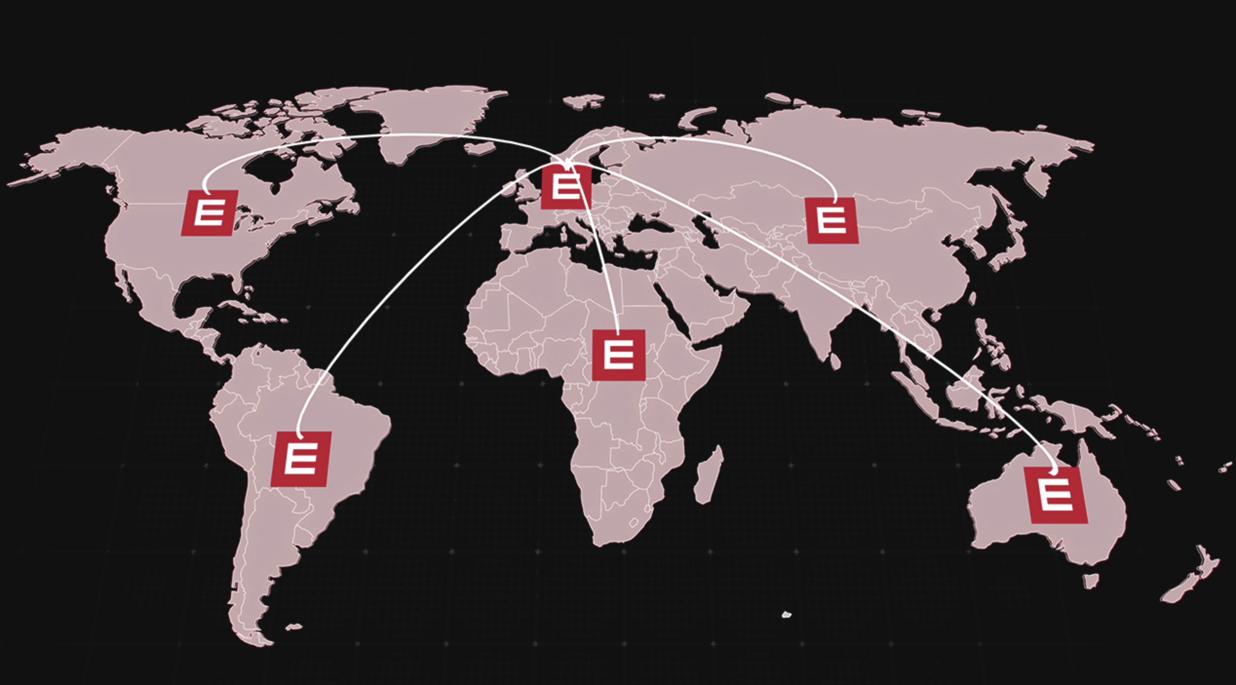 A map in Element Logic colours with one logo in each continent.